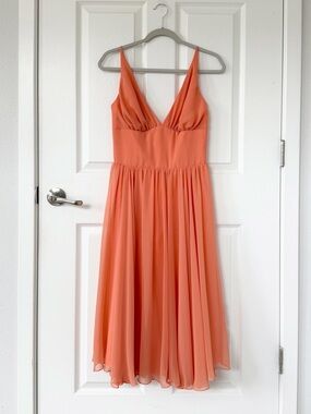 Vintage Coral Chiffon Spaghetti Strap Low Back Midi Tea Length Dress by Lazaro